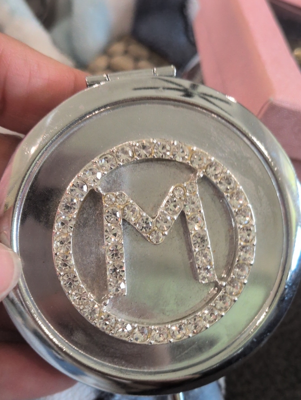 Crystal-Embellished Silver Compact Mirror with 'M' Accent